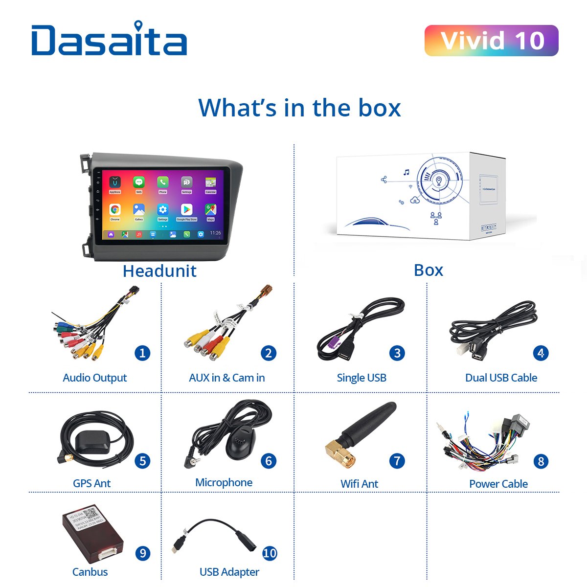 Dasaita Vivid for Honda Civic GPS 2012 2013 2014 Car Multimedia Player 1 Din 9" IPS Android 10.0 Radio Navigation Autoradio