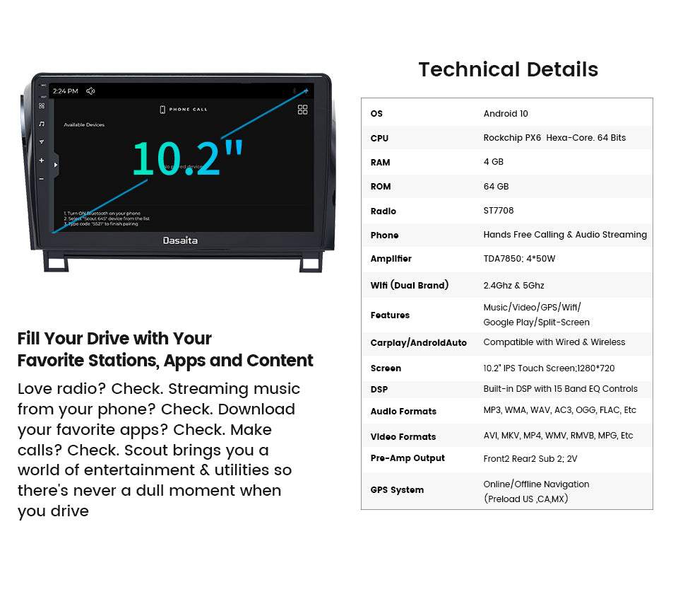 Dasaita Scout10 Toyota Tundra Sequoia 2007 2008 2009 2010 2011 2012 2013 Car Stereo 10.2" Carplay Android Auto PX6 4+64G Android10 1280*720 DSP Radio