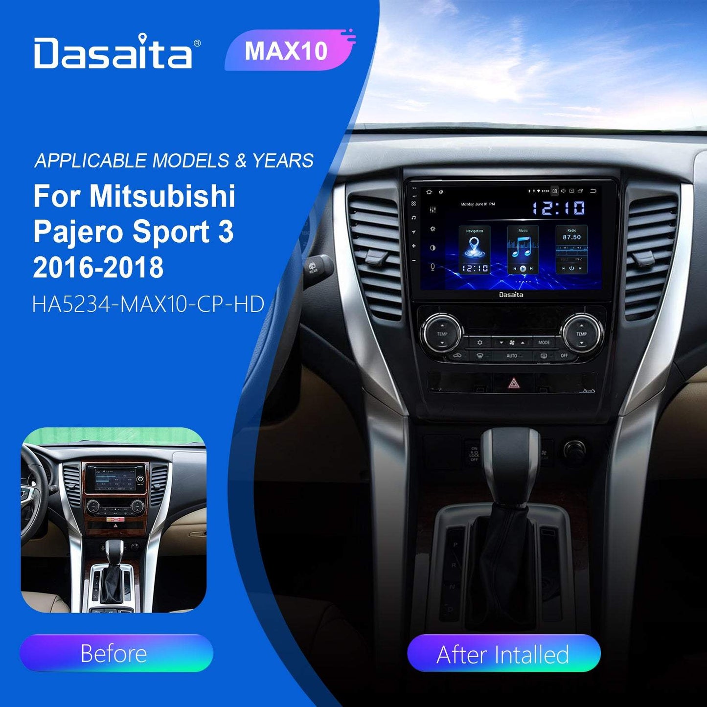 Dasaita Android 10.0 Car Multimedia 9" HD Touch Screen For Mitsubishi Pajero Sport 2017 Bluetooth 4GB RAM TDA7850
