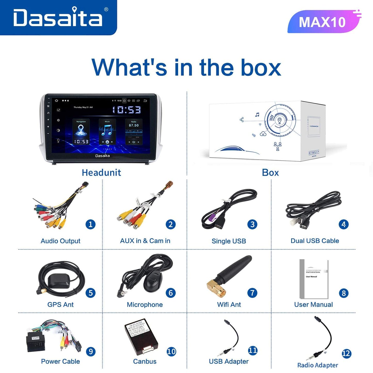 Dasaita MAX10/MAX11 Peugeot 208 2008 2012 2013 2014 2015 2016 Car Stereo 10.2 Inch Carplay Android Auto PX6 4G+64G Android10/Android11 1280*720 DSP AHD Radio
