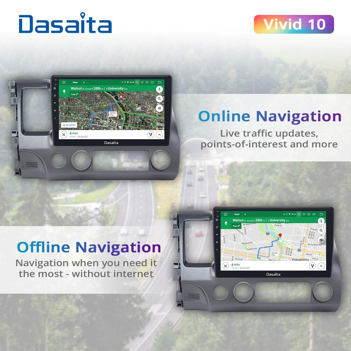 Dasaita Vivid10 Honda Civic 2007 2008 2009 2010 2011 Car Stereo 10.2 Inch Carplay Android Auto PX6 4G+64G Android10 1280*720 DSP AHD Radio