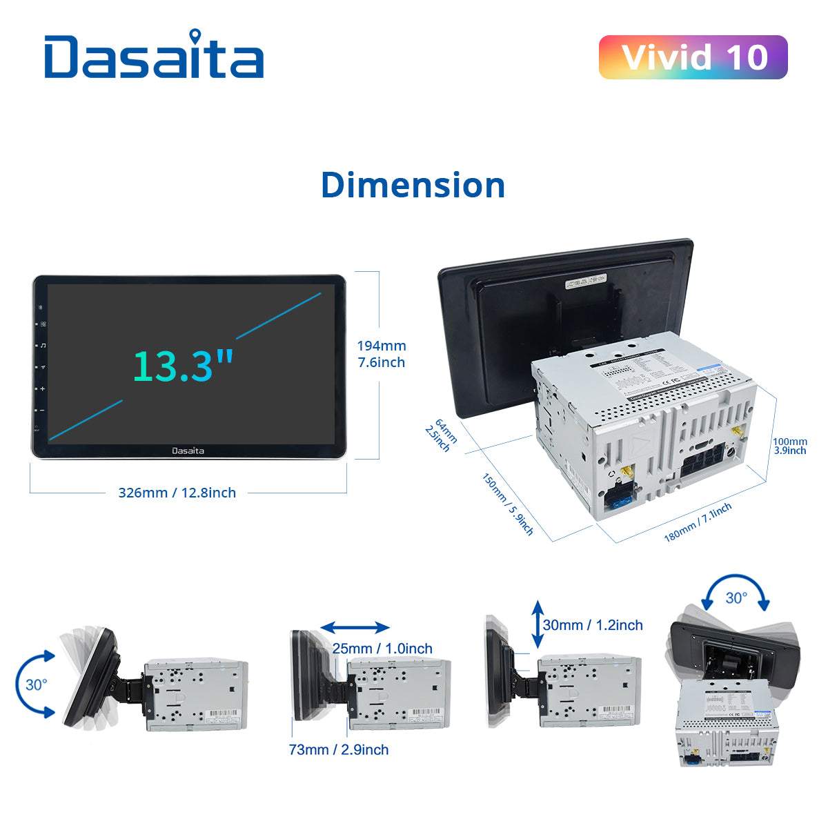 Dasaita Vivid11 Universal Double Din Car Stereo 13.3Inch Carplay Android Auto PX6 4G+64G Android11 1920*1080 DSP AHD Radio