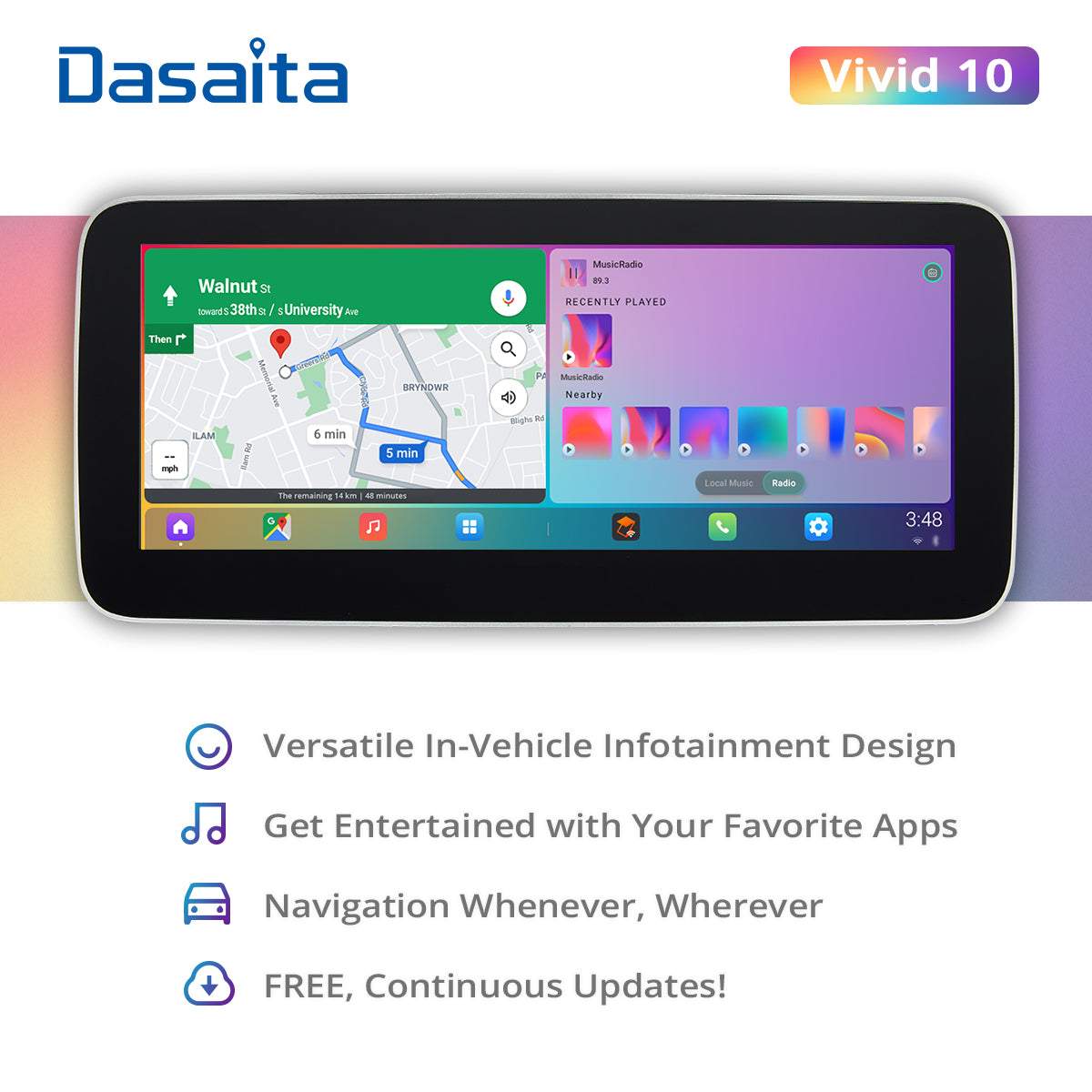 Dasaita Vivid10 Universal Single Din Car Stereo 10.25 Inch Carplay Android Auto PX6 4G+64G Android10 1280*480 DSP AHD Radio