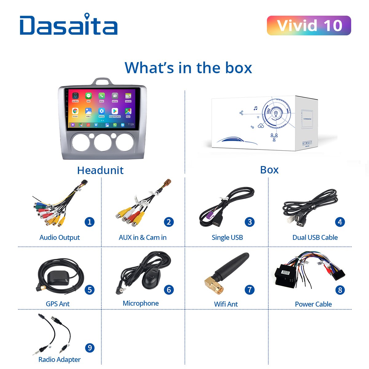 Dasaita Vivid For Ford Focus (Manual AC) 2004-2011 car radio Android 10 Apple Carplay Android Auto Navigation GPS 4G RAM 64G ROM