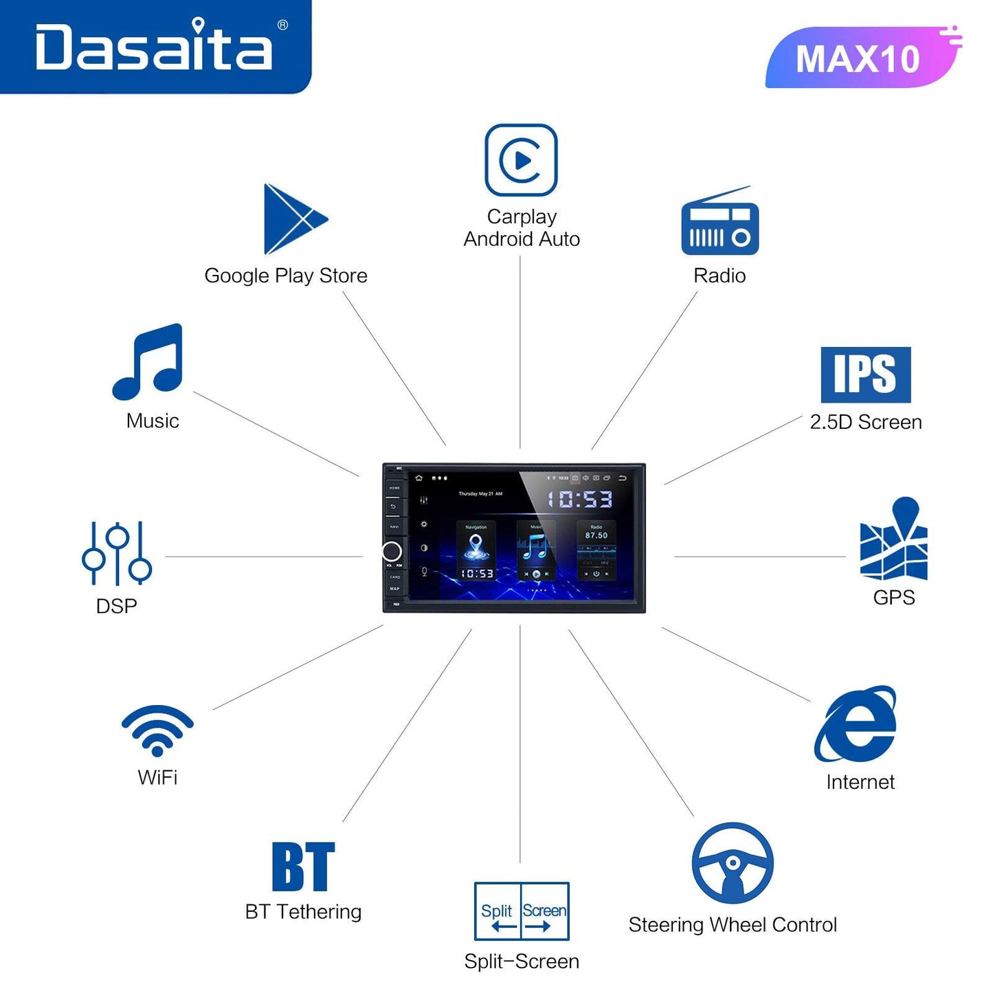 Dasaita MAX11 Universal Double Din Car Stereo 7 Inch Carplay Android Auto PX6 4G+64G Android11 1024*600 DSP AHD Radio