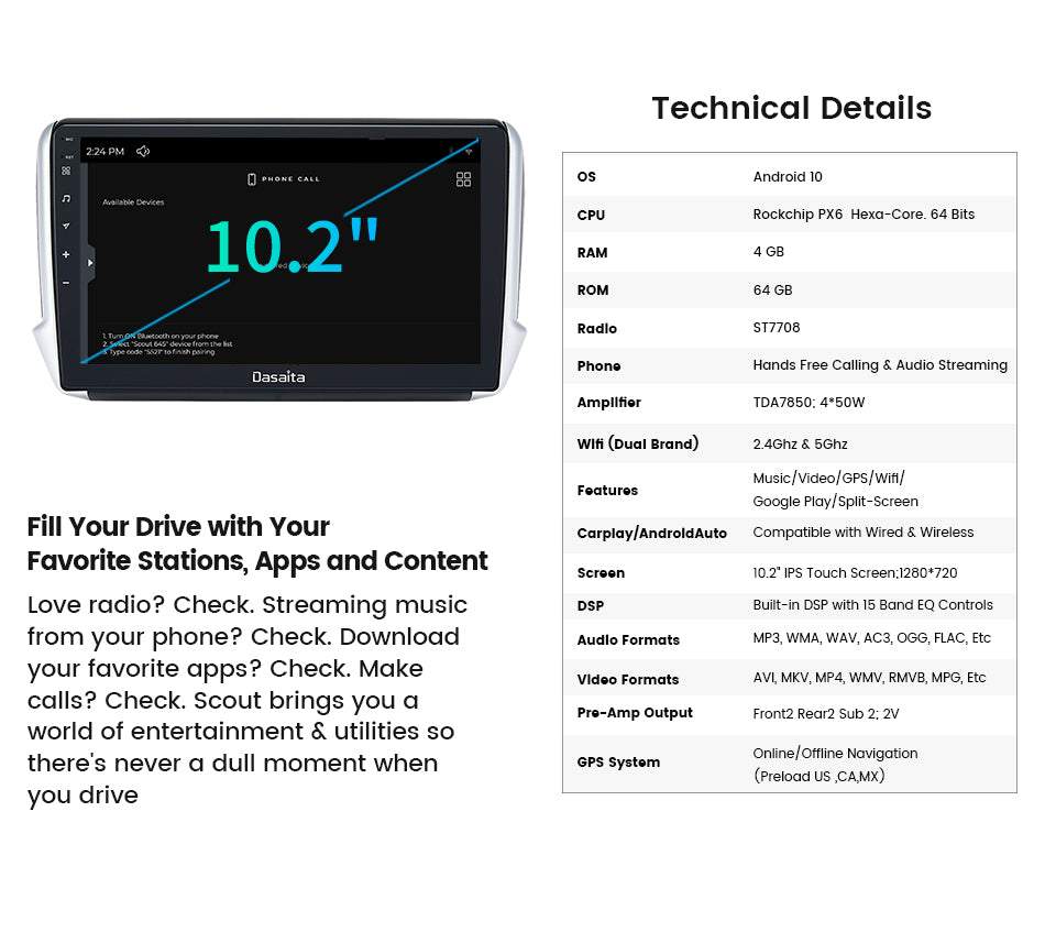 Dasaita Scout10 Peugeot 208 2008 2012 2013 2014 2015 2016 Car Stereo 10.2Inch Carplay Android Auto PX6 4G+64G Android10 1280*720 DSP AHD Radio