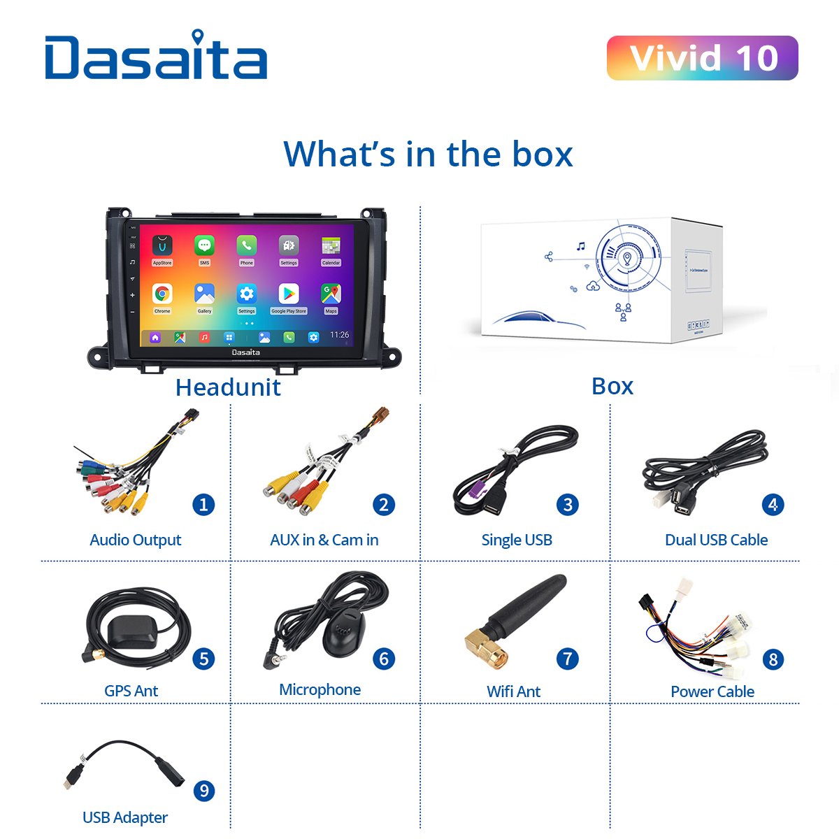 Dasaita Vivid For Toyota Sienna 2011 2012 2013 2014 Car stereo Android Carplay Android Auto 9" Touch Screen IPS 1280*720 4G 64G
