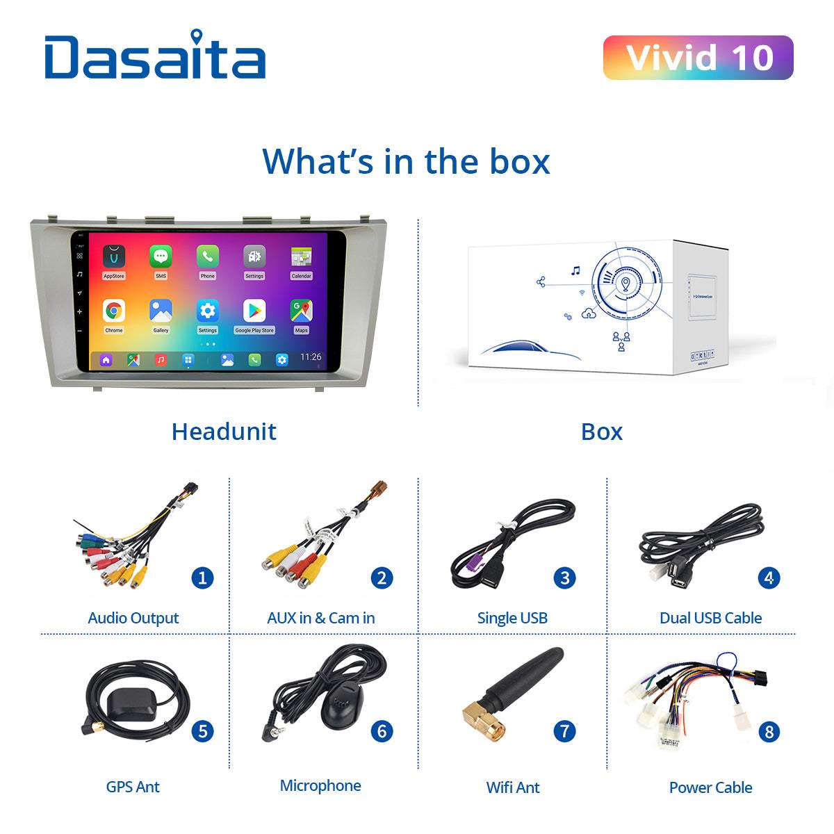 Dasaita Vivid10/Vivid11 Toyota Camry 2007 2008 2009 2010 2011 Car Stereo 9 Inch Carplay Android Auto PX6 4G+64G Android10/Android11 1280*720 DSP AHD Radio