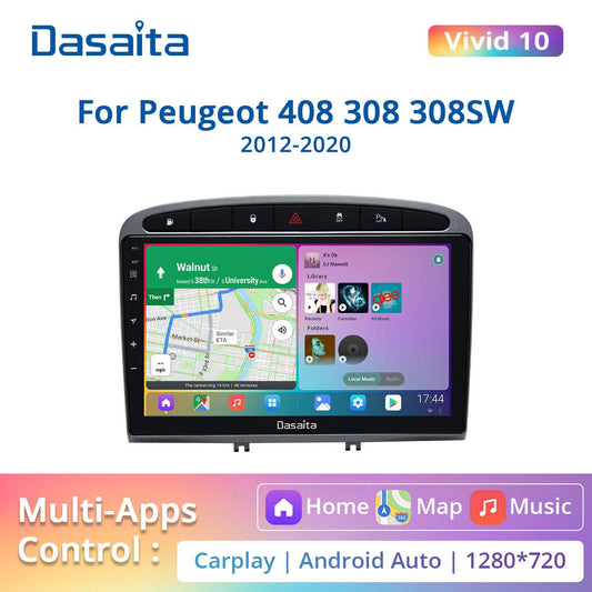 Dasaita Vivid10 For Peugeot 408 308 308SW 2012 2013 2014 2015 2016 2017 2018 2019 2020 Car Stereo Apple Carplay Android Auto IPS 9" 4G+64G Radio