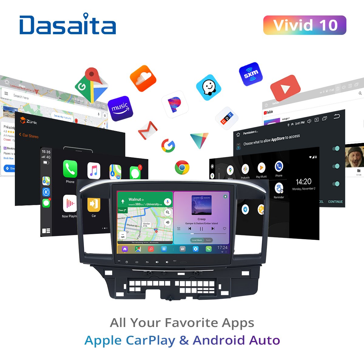 Dasaita Vivid Car Radio for Mitsubishi Lancer EVO 10 2008 2009 2010 2011 2014 to 2017 Carplay Android Auto Stereo GPS Navigation