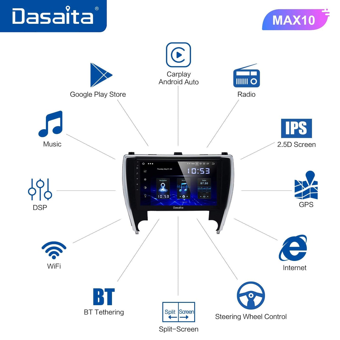 Dasaita MAX11 Toyota Camry 2015 2016 2017 Car Stereo 10.2 Inch Carplay Android Auto PX6 4G+64G Android11 1280*720 DSP AHD Radio