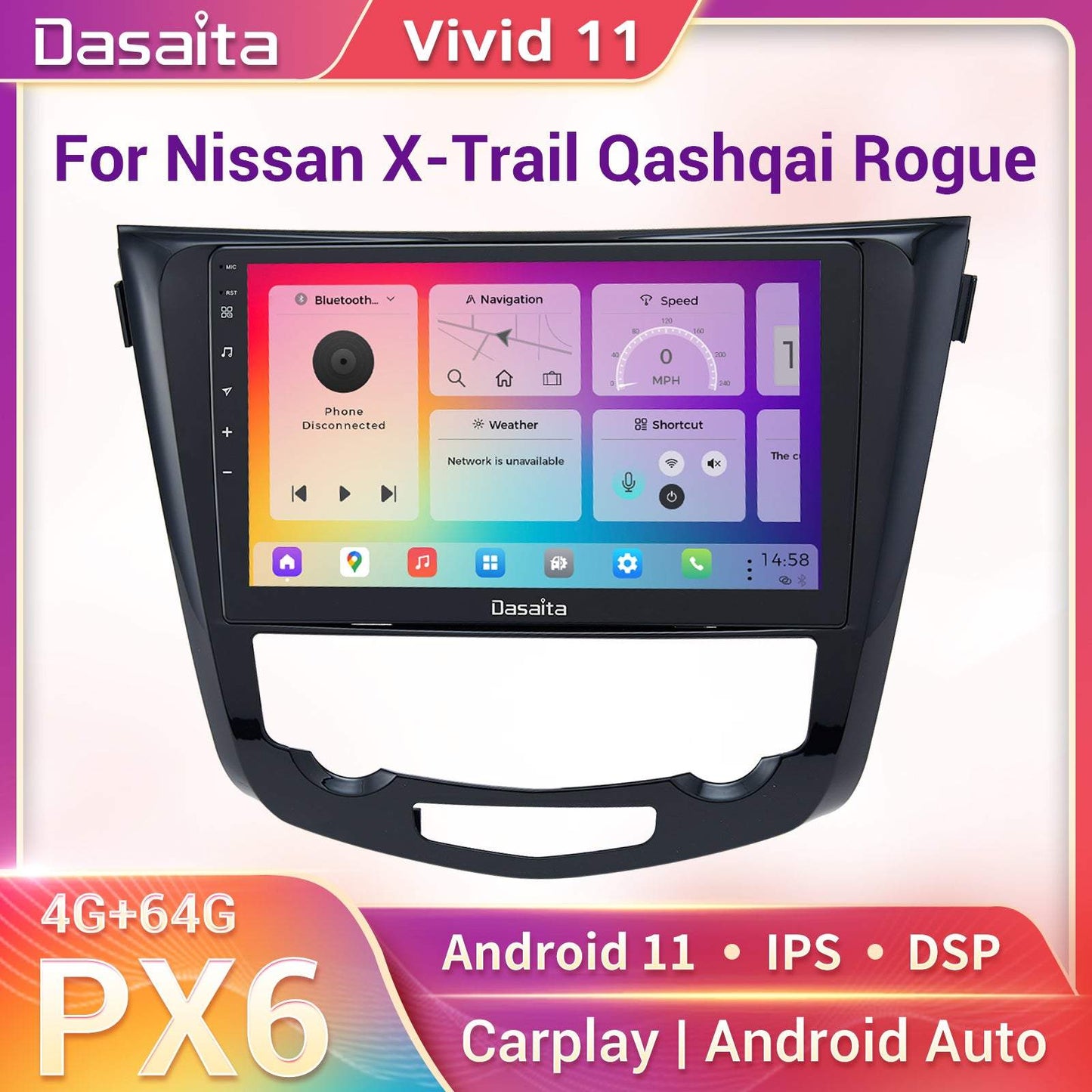 Dasaita Vivid10/Vivid11 Nissan X-Trail Qashqai Rogue 2014 2015 2016 2017 2018 2019 2020 Car Stereo 10.2 Inch Carplay Android Auto PX6 4G+64G Android10/Android11 1280*720 DSP AHD Radio