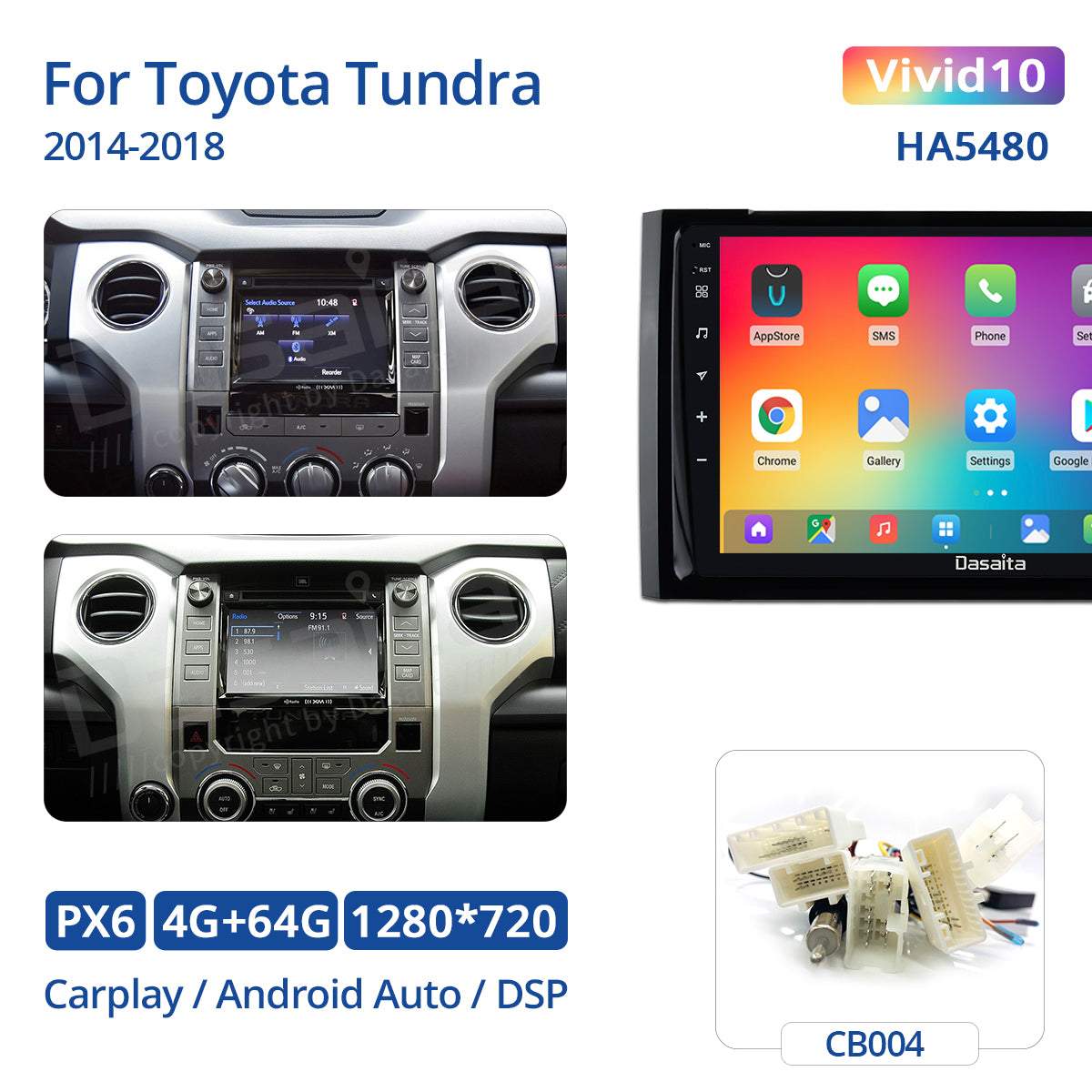 Dasaita Vivid11 Toyota Tundra 2014 2015 2016 2017 2018 Car Stereo 9 Inch Carplay Android Auto PX6 4G+64G Android11 1280*720 DSP AHD Radio