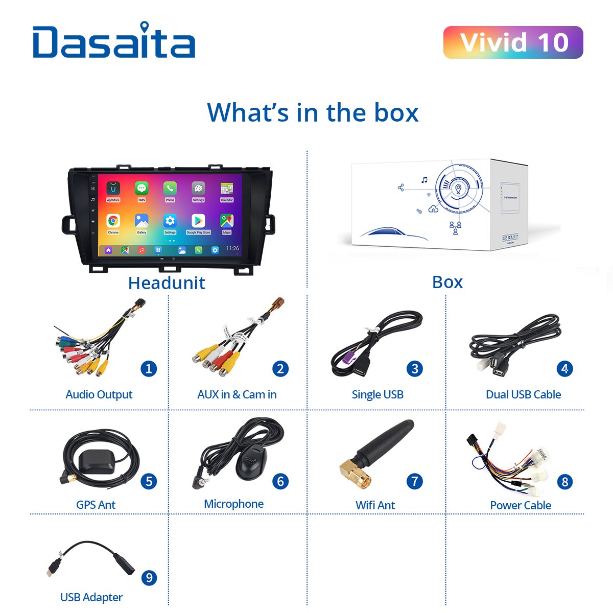 Dasaita Vivid for Toyota Pruis 2009 2010 2011 2012 2013 Car Radio 1 Din GPS 9'' Android 10.0 Touchscreen Multimedia Player