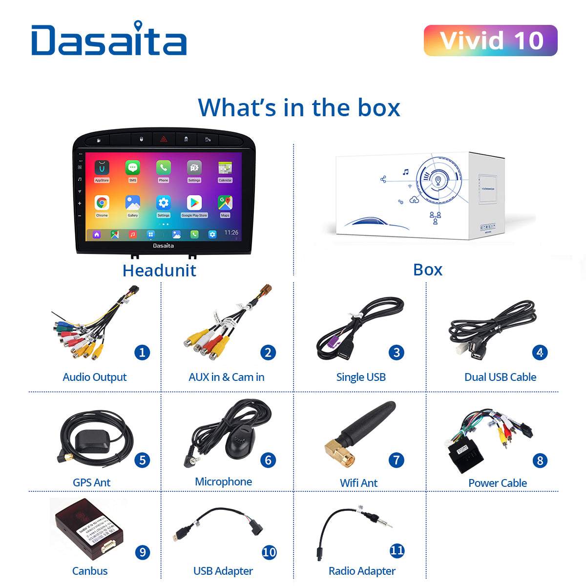 Dasaita Vivid10 For Peugeot 408 308 308SW 2012 2013 2014 2015 2016 2017 2018 2019 2020 Car Stereo Apple Carplay Android Auto IPS 9" 4G+64G Radio