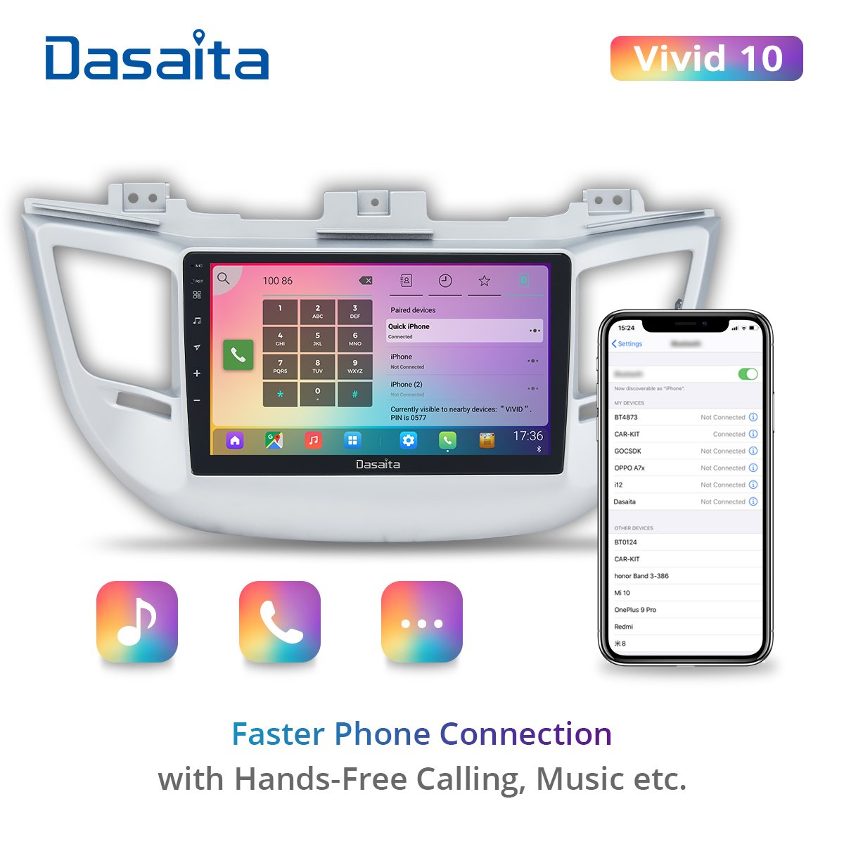 Dasaita Vivid for Hyundai Tucson 2014-2018 Car Radio 1 Din Android 10.0 Carplay Auto 1280*720 Multimedia Head Unit 4G 64G BT 5.0