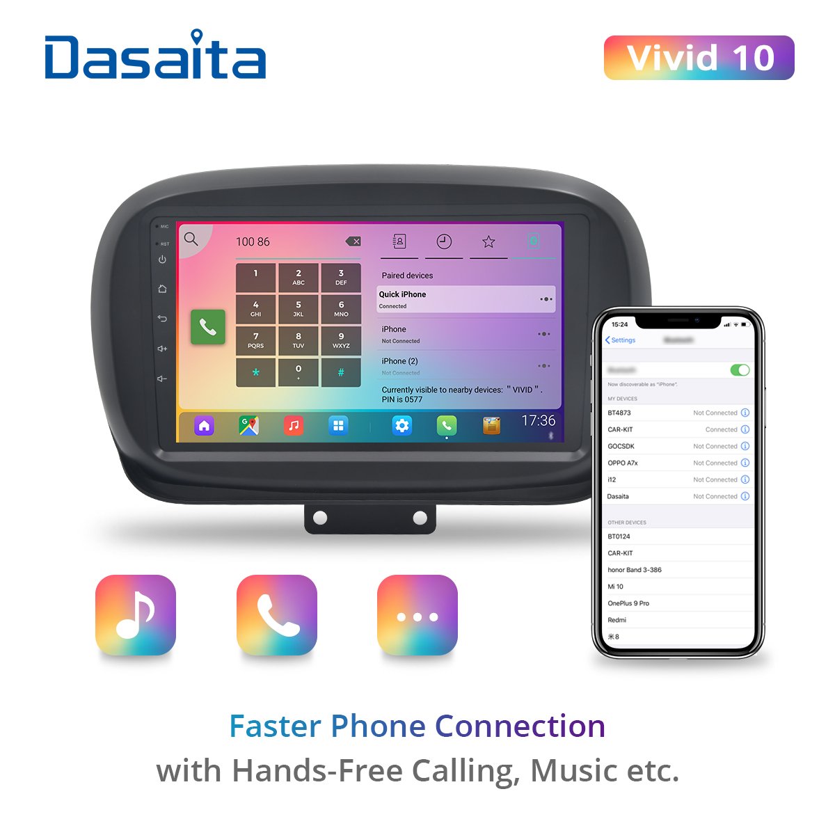 Dasaita Vivid For Fiat 500X 2014 2015 2016 2017 2018 2019 Apple Carplay Android Auto Navigation GPS 1280*720 IPS 4G RAM 64G ROM