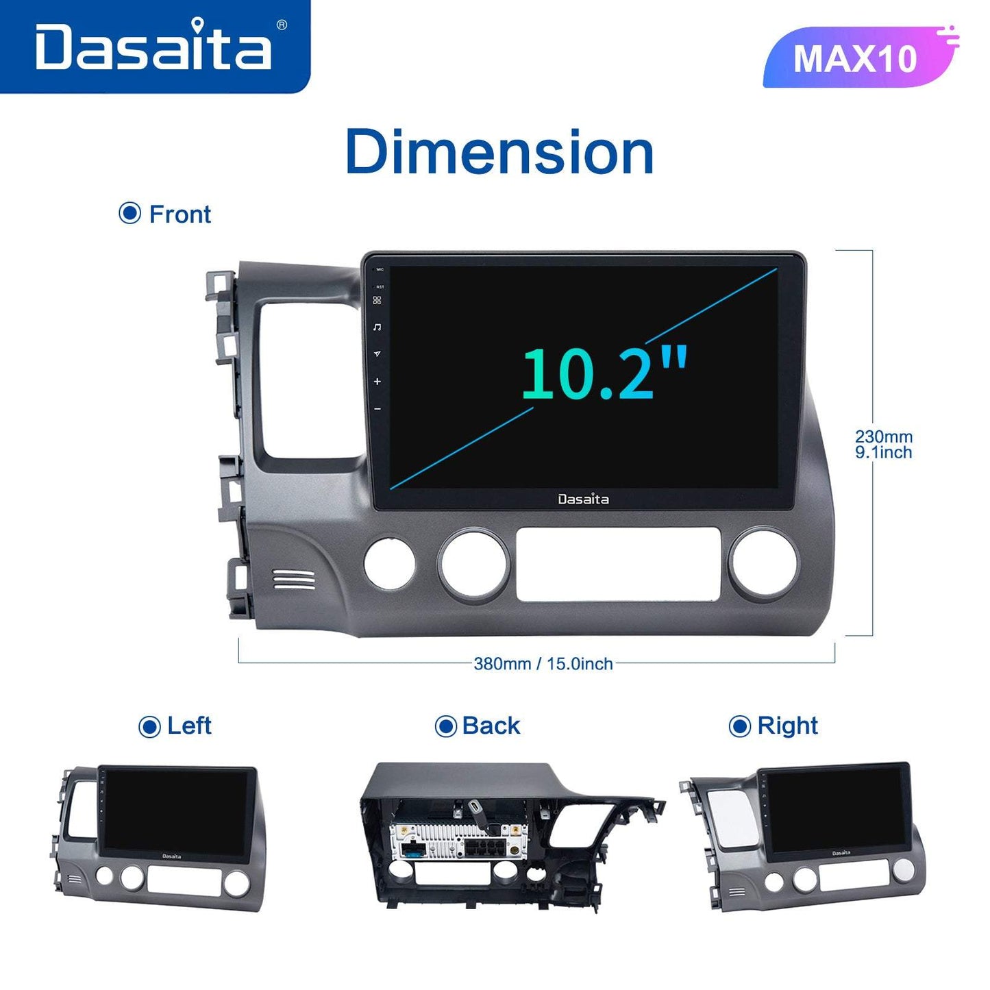 Dasaita MAX11 Honda Civic 2007 2008 2009 2010 2011 Car Stereo 10.2 Inch Carplay Android Auto PX6 4G+64G Android11 1280*720 DSP AHD Radio