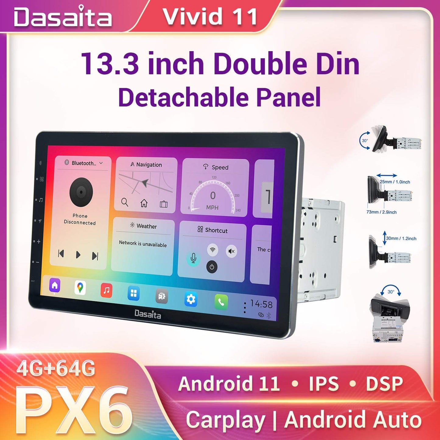 Dasaita Vivid11 Universal Double Din Car Stereo 13.3Inch Carplay Android Auto PX6 4G+64G Android11 1920*1080 DSP AHD Radio