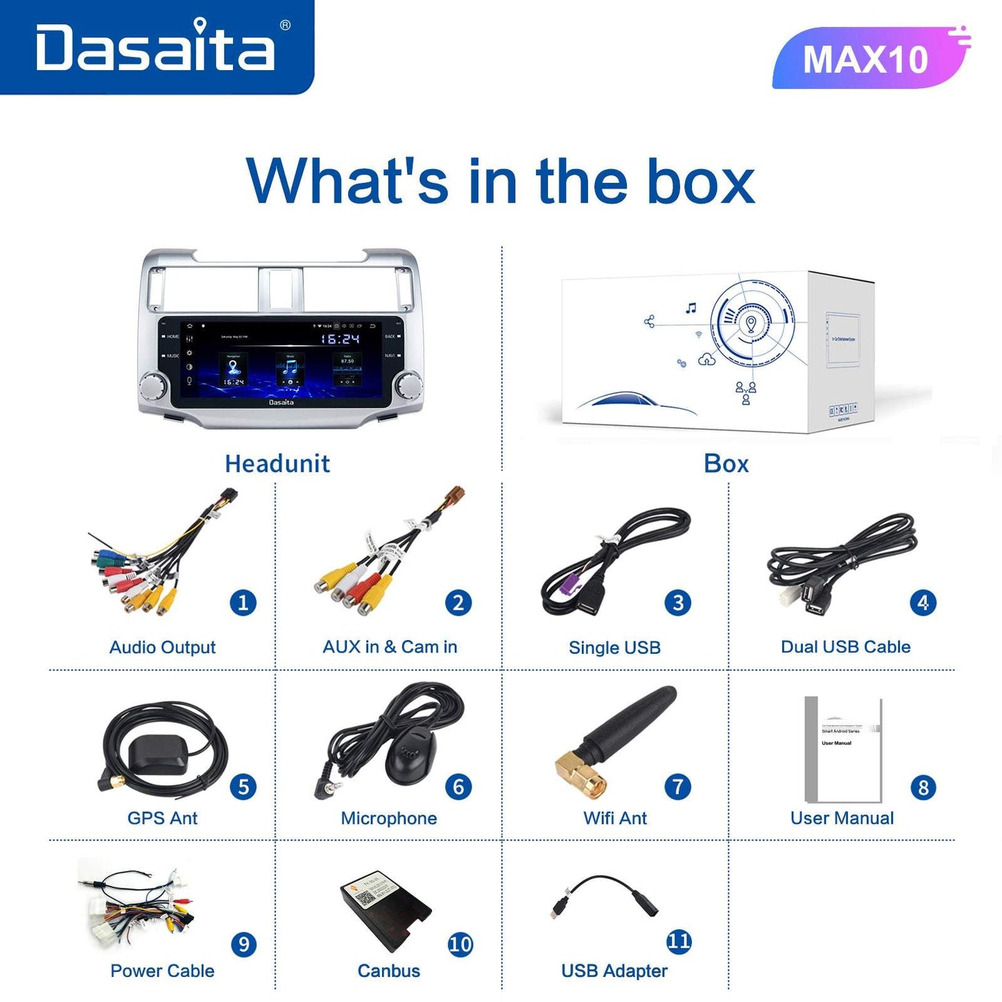 Dasaita MAX10/MAX11 Toyota 4Runner 2014 2015 2016 2017 2018 2019 Car Stereo 10.25 Inch Carplay Android Auto PX6 4G+64G Android10/Android11 1280*480 DSP AHD Radio