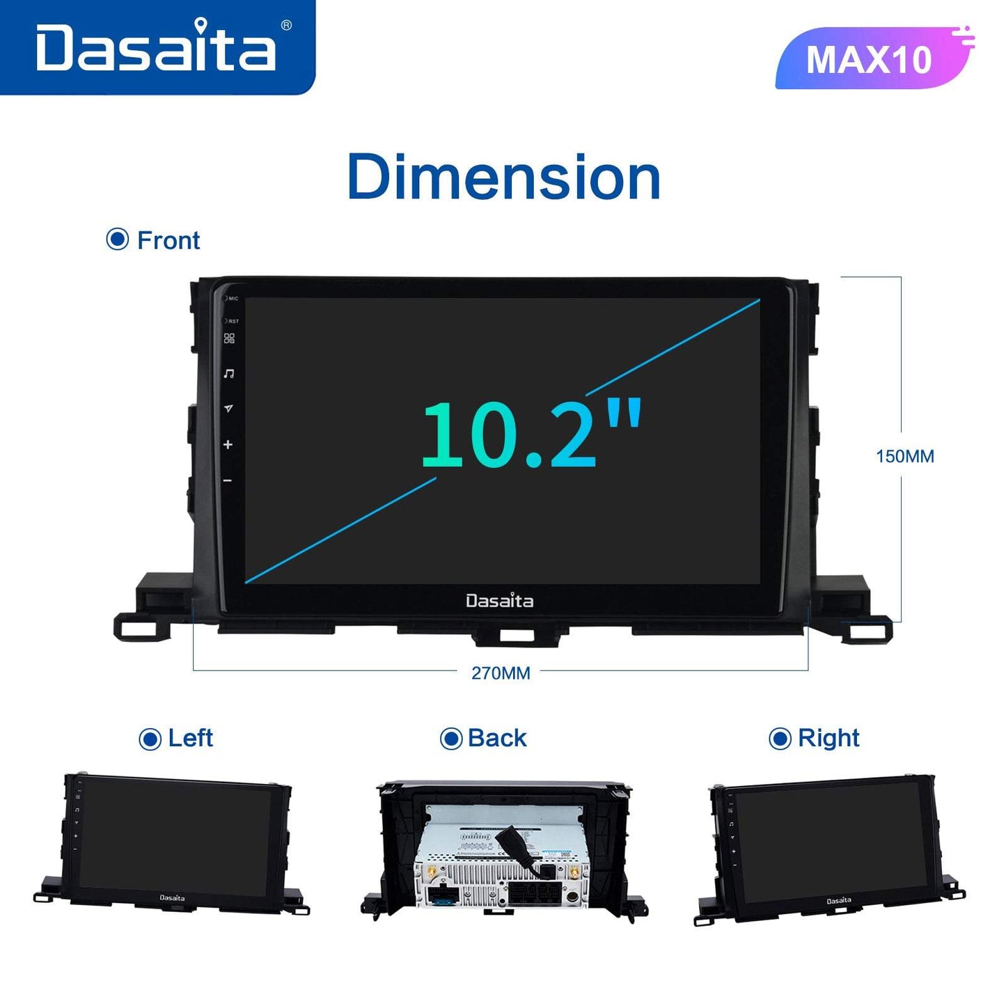 Dasaita MAX10 Toyota Highlander 2015 2016 2017 2018 Car Stereo 10.2 Inch Carplay Android Auto PX6 4G+64G Android10 1280*720 DSP AHD Radio