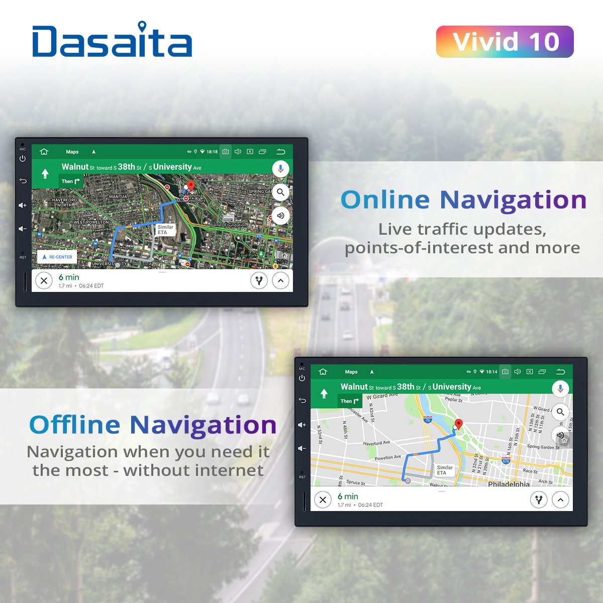 Dasaita Vivid 2 Din Android GPS Navigation 7 Inch IPS Touch Screen 1024*600 Car Radio Bluetooth DSP Apple Carplay Android Auto