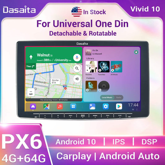 Dasaita Vivid10 Universal Single Din Car Stereo 10.2 Inch Carplay Android Auto PX6 4G+64G Android10 1280*720 DSP AHD Radio