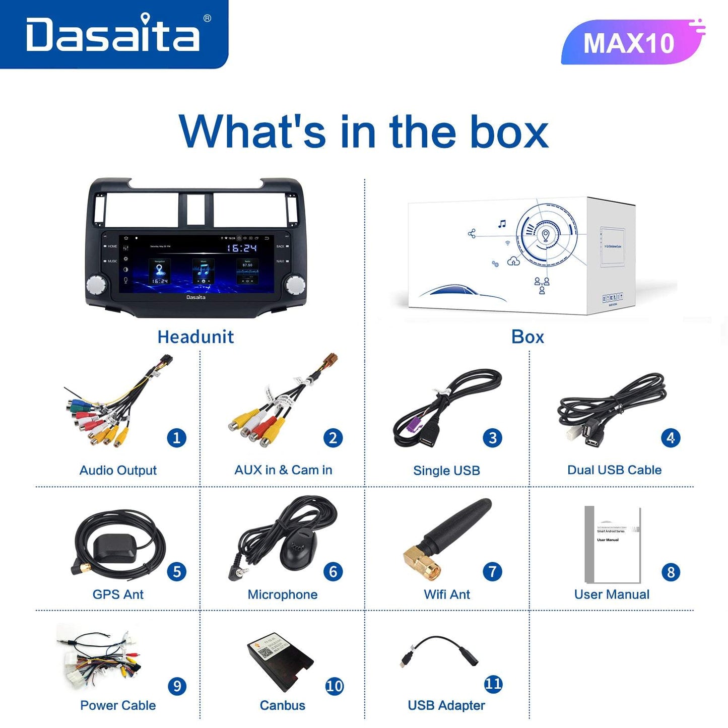 Dasaita MAX11 Toyota 4Runner 2014 2015 2016 2017 2018 Car Stereo 10.25 Inch Carplay Android Auto PX6 4G+64G Android11 1280*480 DSP AHD Radio