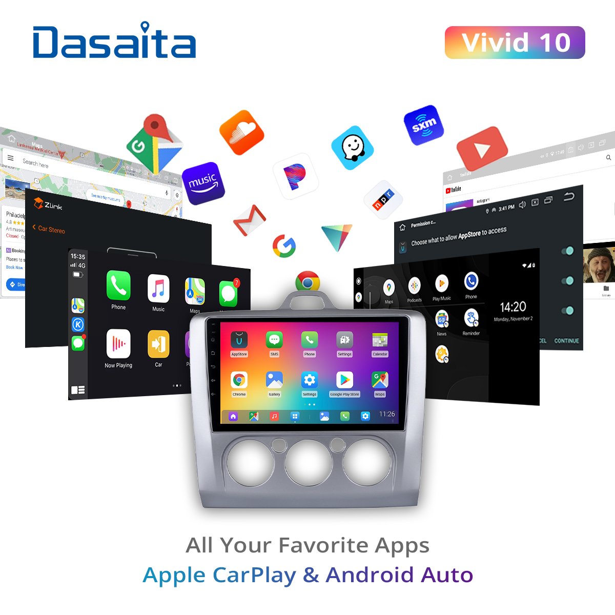 Dasaita Vivid For Ford Focus (Manual AC) 2004-2011 car radio Android 10 Apple Carplay Android Auto Navigation GPS 4G RAM 64G ROM