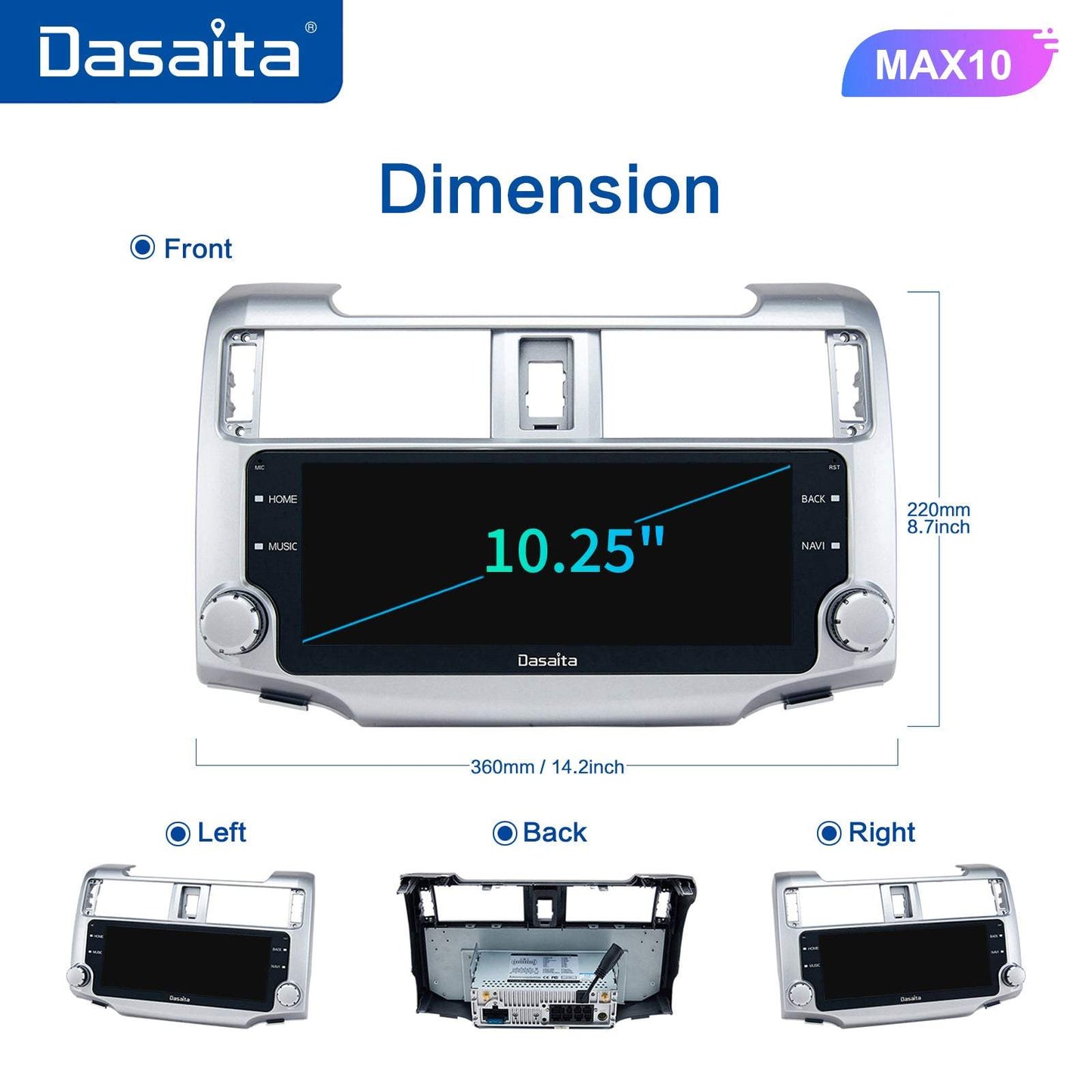Dasaita MAX10/MAX11 Toyota 4Runner 2014 2015 2016 2017 2018 2019 Car Stereo 10.25 Inch Carplay Android Auto PX6 4G+64G Android10/Android11 1280*480 DSP AHD Radio