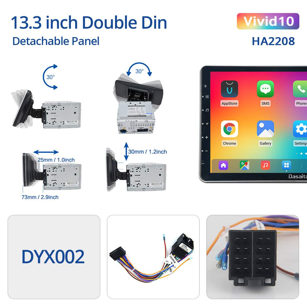 Dasaita Vivid11 Universal Double Din Car Stereo 13.3Inch Carplay Android Auto PX6 4G+64G Android11 1920*1080 DSP AHD Radio