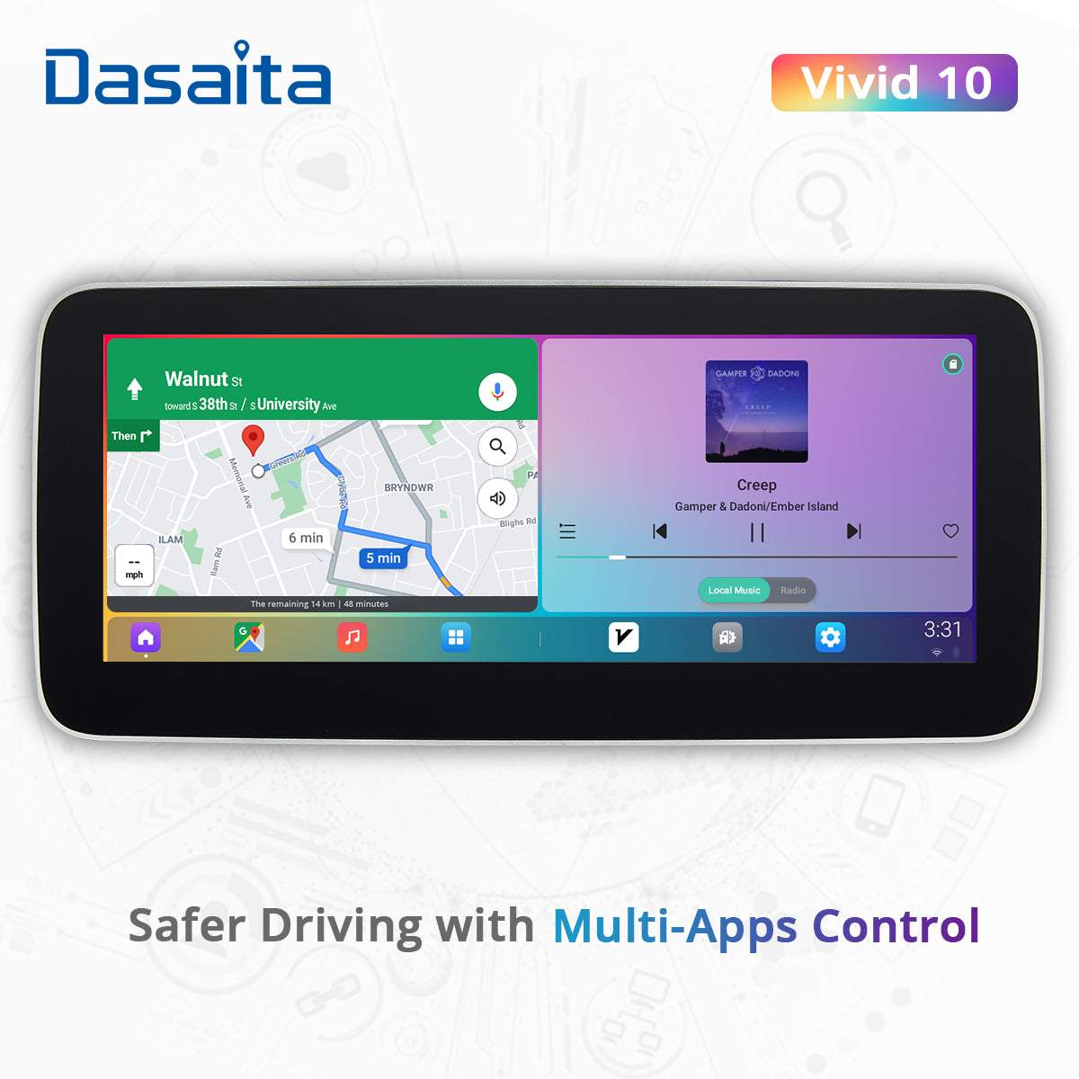 Dasaita Vivid10 Universal Single Din Car Stereo 10.25 Inch Carplay Android Auto PX6 4G+64G Android10 1280*480 DSP AHD Radio