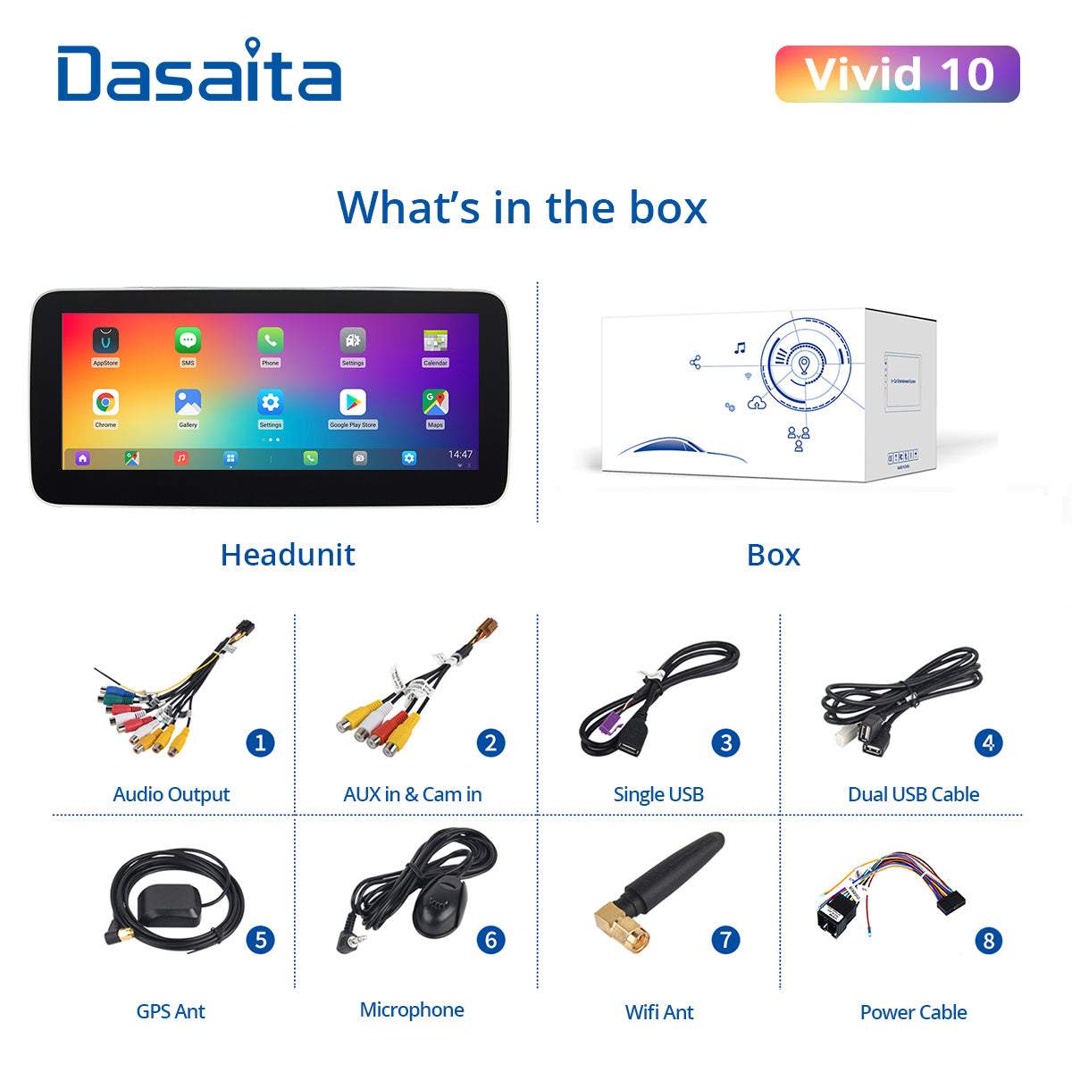 Dasaita Vivid10 Universal Single Din Car Stereo 10.25 Inch Carplay Android Auto PX6 4G+64G Android10 1280*480 DSP AHD Radio