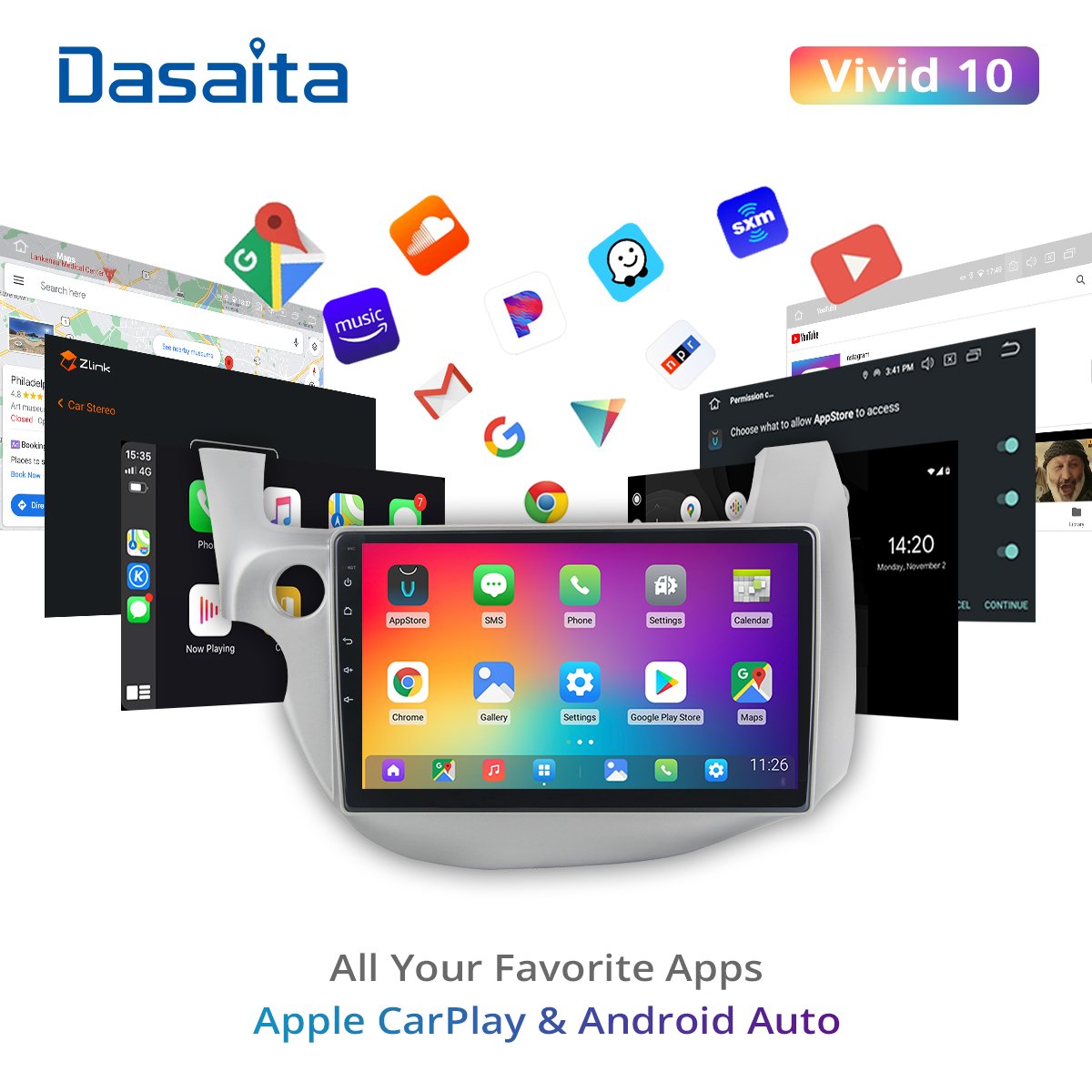 Dasaita Vivid for Honda Jazz Fit 2008 2009 2010 2011 2012 Car Android 10 1din Radio 10.2" IPS GPS MP3 1280*720 HDMI 4G 64G ROM