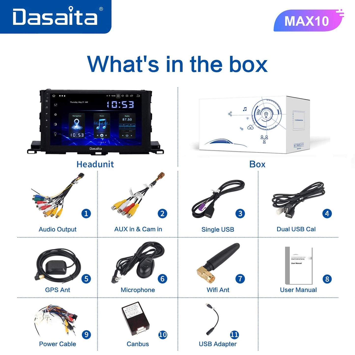 Dasaita MAX10 Toyota Highlander 2015 2016 2017 2018 Car Stereo 10.2 Inch Carplay Android Auto PX6 4G+64G Android10 1280*720 DSP AHD Radio