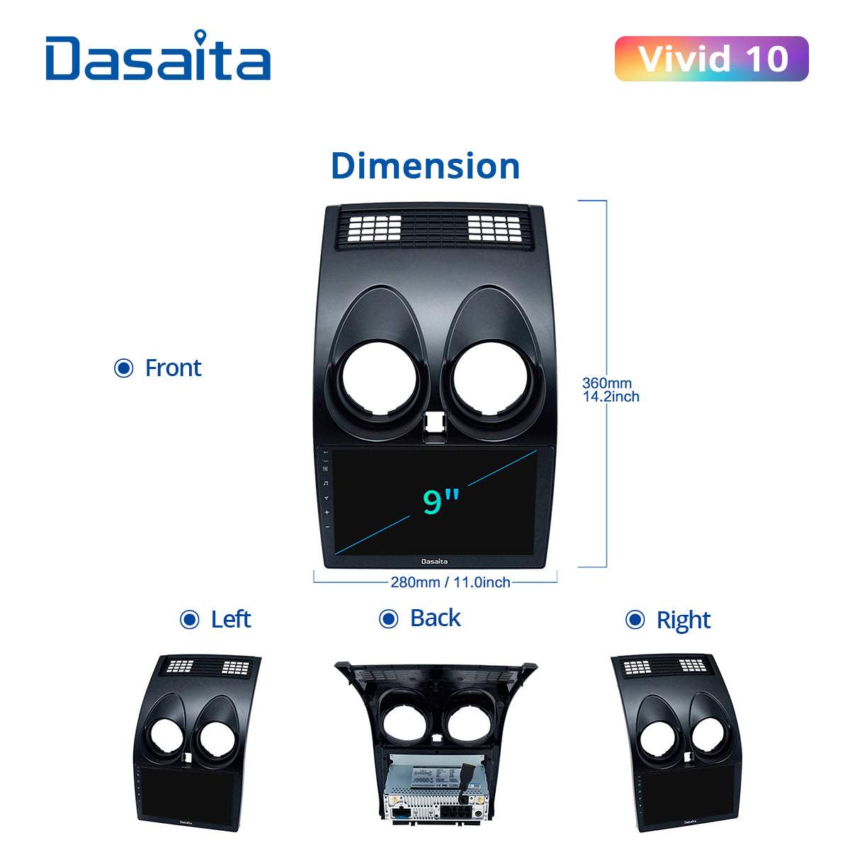 Dasaita Vivid11 Nissan Qashqai 2008 2009 2010 2011 2012 2013 2014 Car Stereo 9 Inch Carplay Android Auto PX6 4G+64G Android11 1280*720 DSP AHD Radio