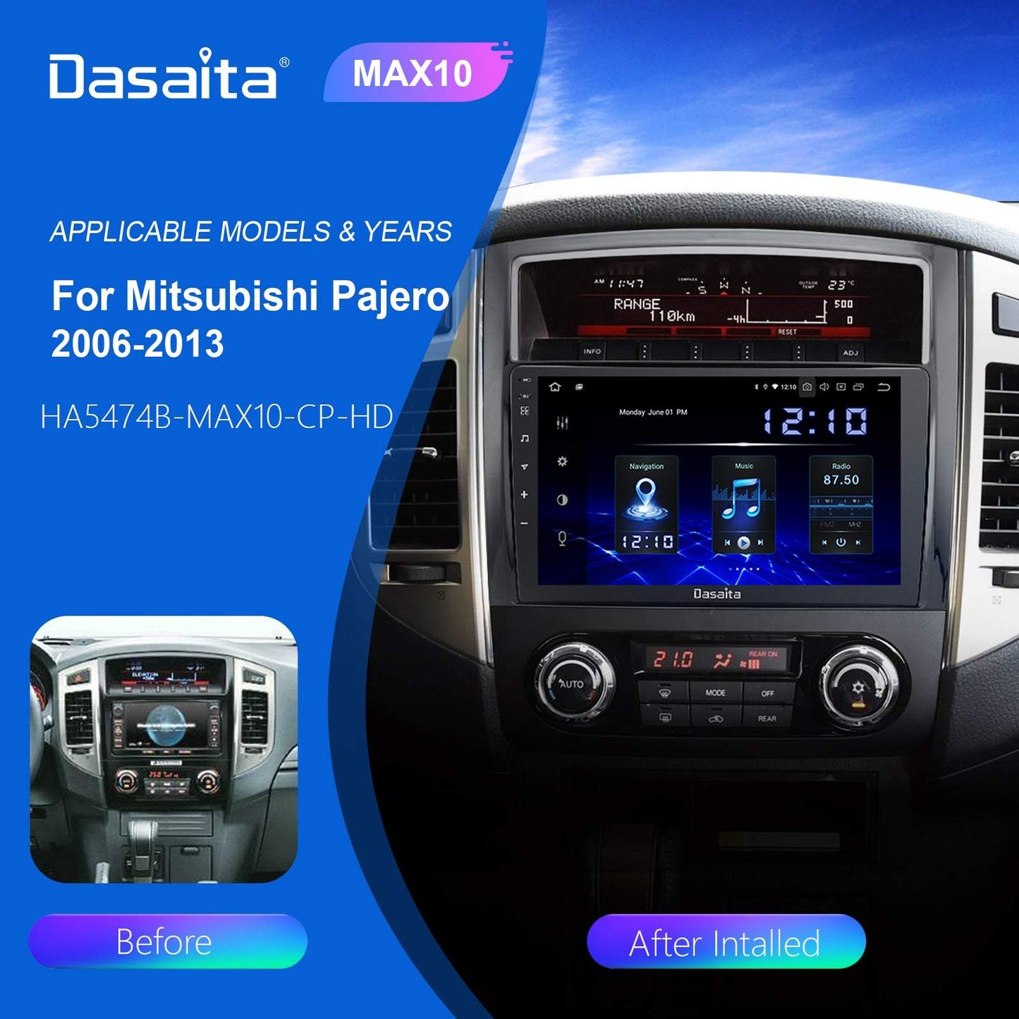 Dasaita Car Multimedia Player 9" Android 10 For Mitsubishi Pajero V97 V93 Radio 2006 2007 2008 2009 GPS Stereo Carplay