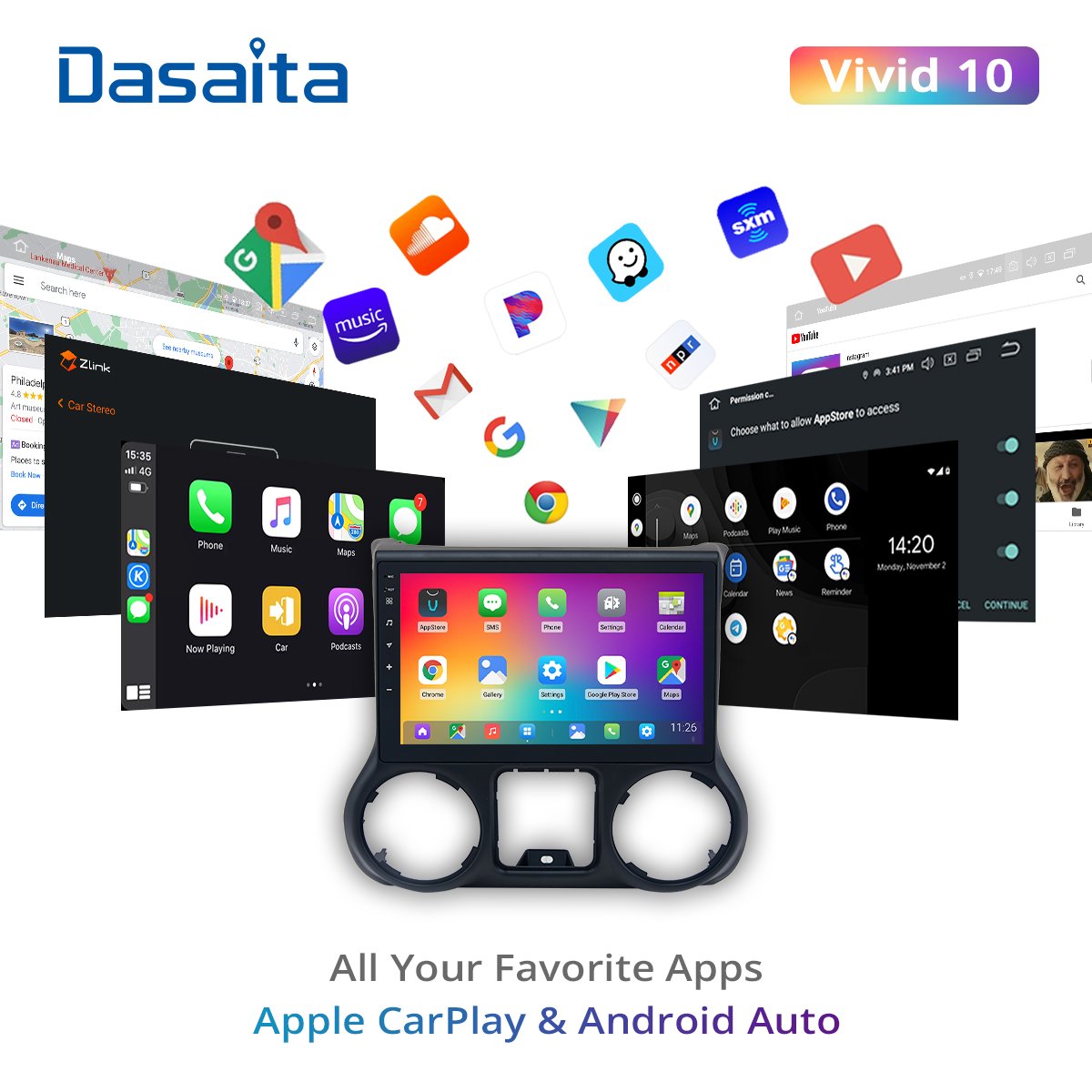 Dasaita Vivid for Jeep Wrangler Radio 2011-2016 Car audio Android Auto Multimedia android Apple Carplay Navigation GPS 4G 64G