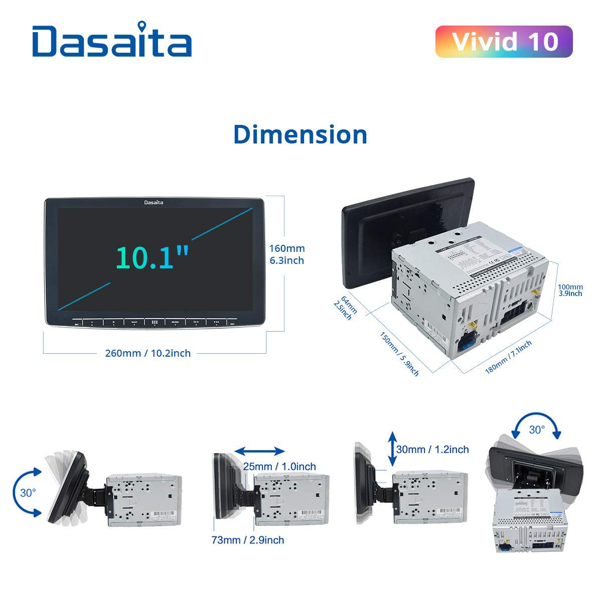Dasaita Vivid11 Universal Double Din Car Stereo 10.2 Inch Carplay Android Auto PX6 4G+64G Android11 1280*720 DSP AHD Radio