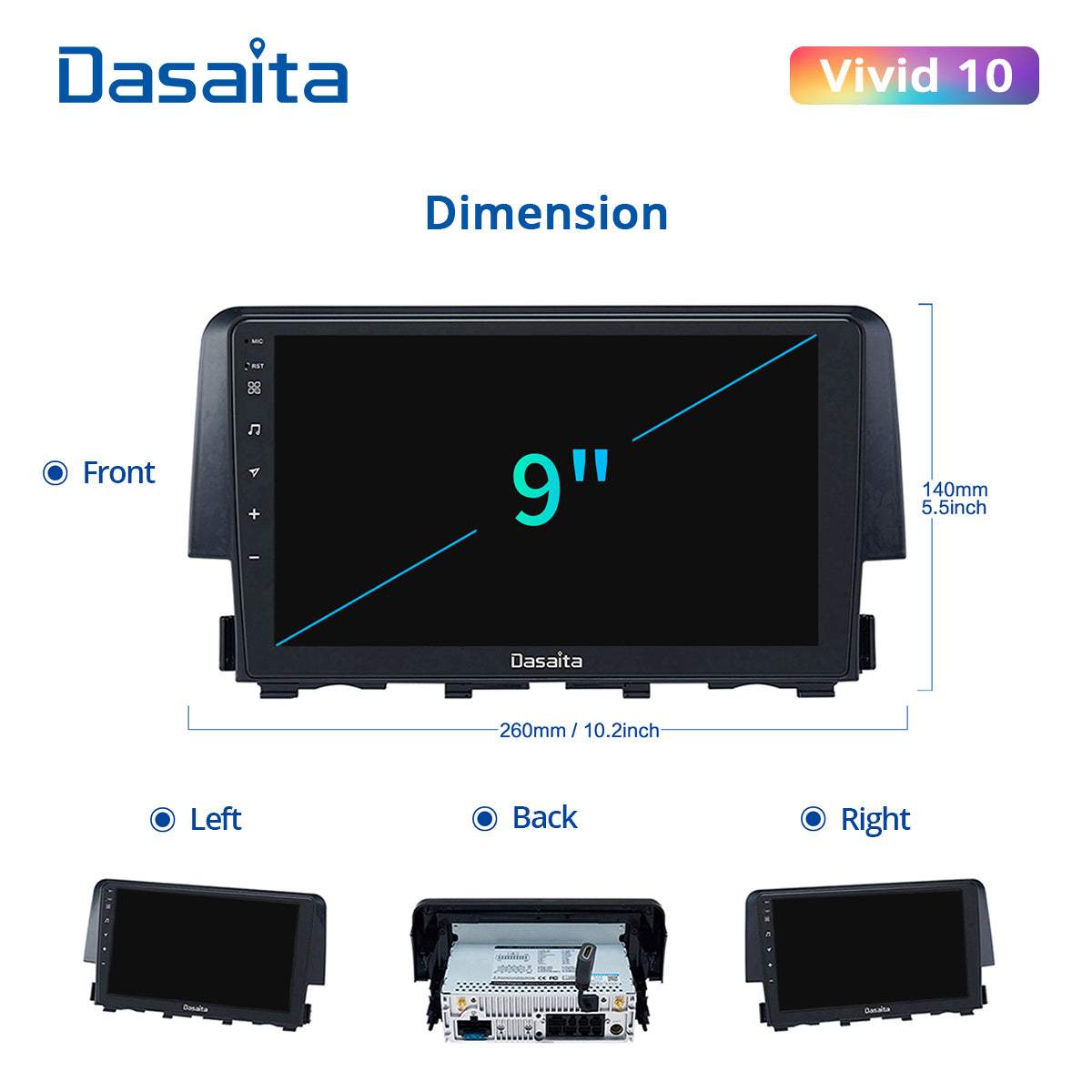 Dasaita Vivid10 Honda Civic 2015 2016 2017 Car Stereo 9 Inch Carplay Android Auto PX6 4G+64G Android10 1280*720 DSP AHD Radio