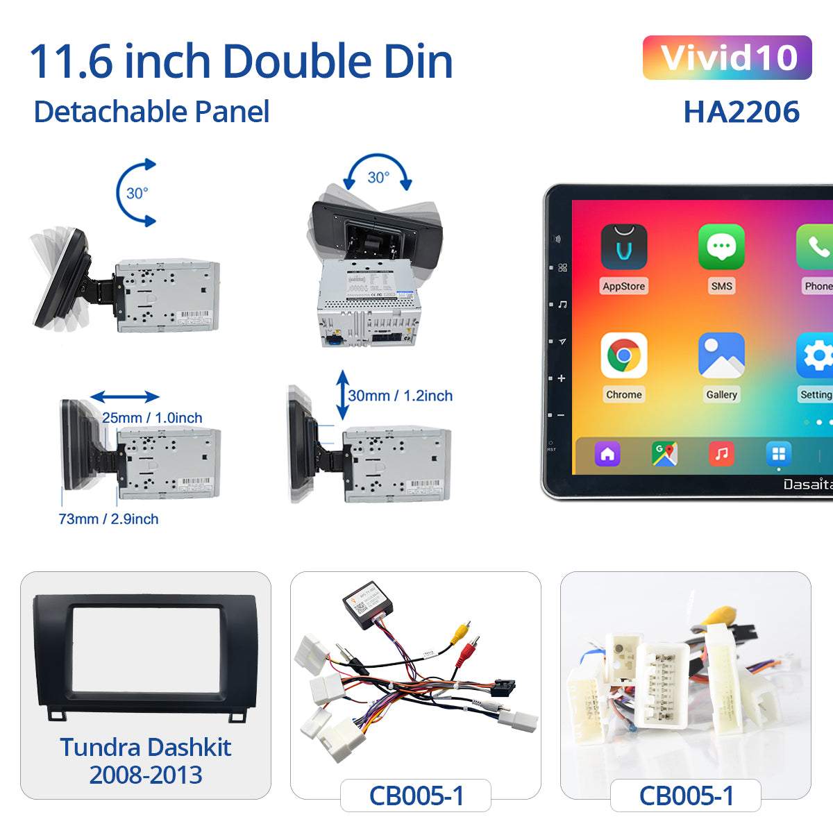 Dasaita Vivid10 Universal Double Din Car Stereo 11.6 Inch Carplay Android Auto PX6 4G+64G Android10 1920*1080 DSP AHD Radio
