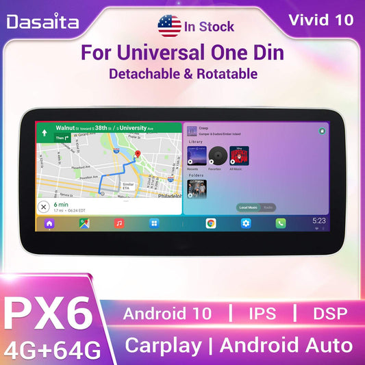 Dasaita Vivid10 Universal Single Din Car Stereo 10.25 Inch Carplay Android Auto PX6 4G+64G Android10 1280*480 DSP AHD Radio