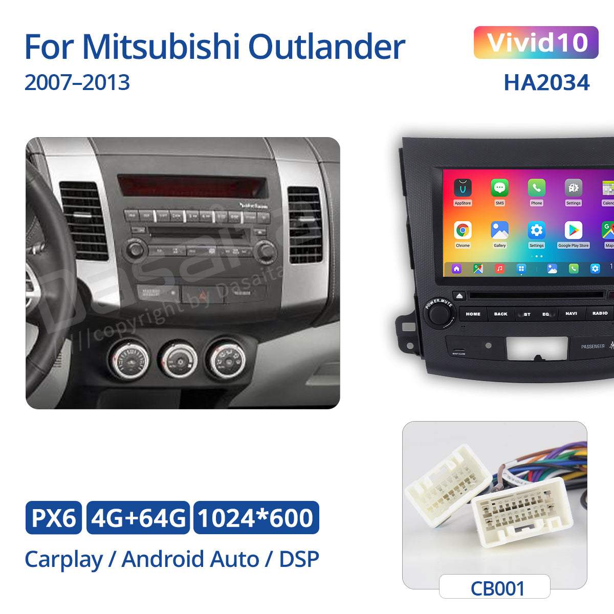 Dasaita Vivid10 For Mitsubishi Outlander 2007 2008 2009 2010 2011 2012 2013 Car Stereo Apple Carplay Android Auto Touch Screen 4G+64G DSP Radio