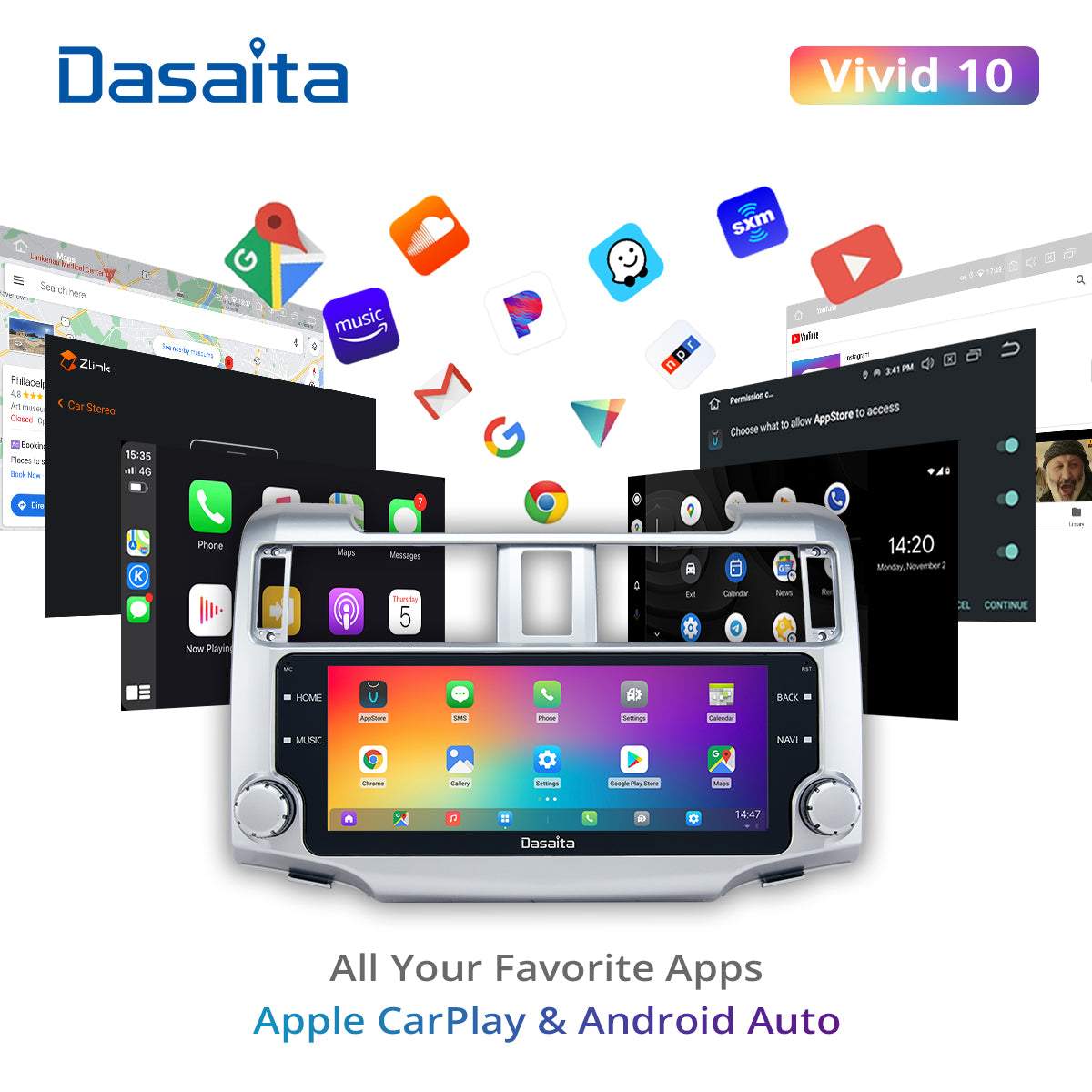 Dasaita Vivid11 Toyota 4Runner 2010 2011 2012 2013 Car Stereo 10.25 Inch Carplay Android Auto PX6 4G+64G Android11 1280*480 DSP AHD Radio