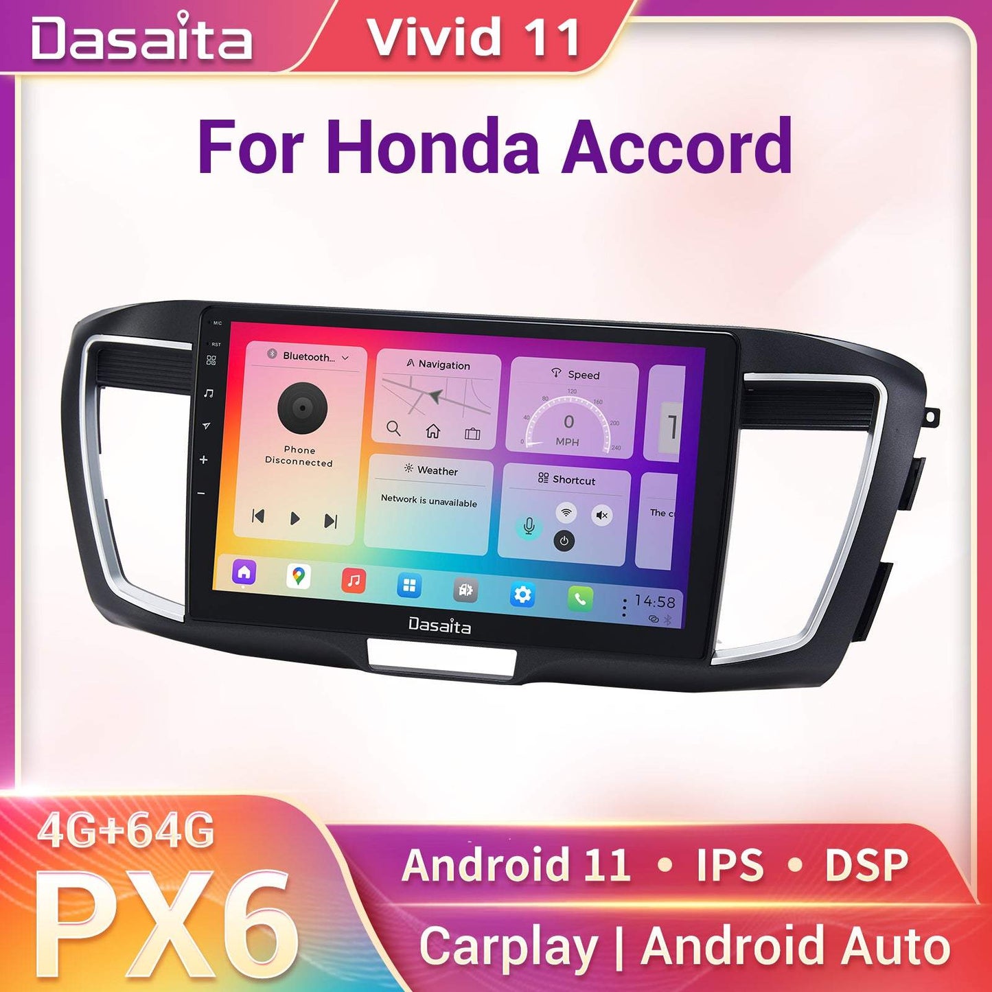 Dasaita Vivid11 Honda Accord 2013 2014 2015 2016 2017 Car Stereo 10.2" Carplay Android Auto 4G+64G Android11 PX6 1280*720 DSP AHD Radio