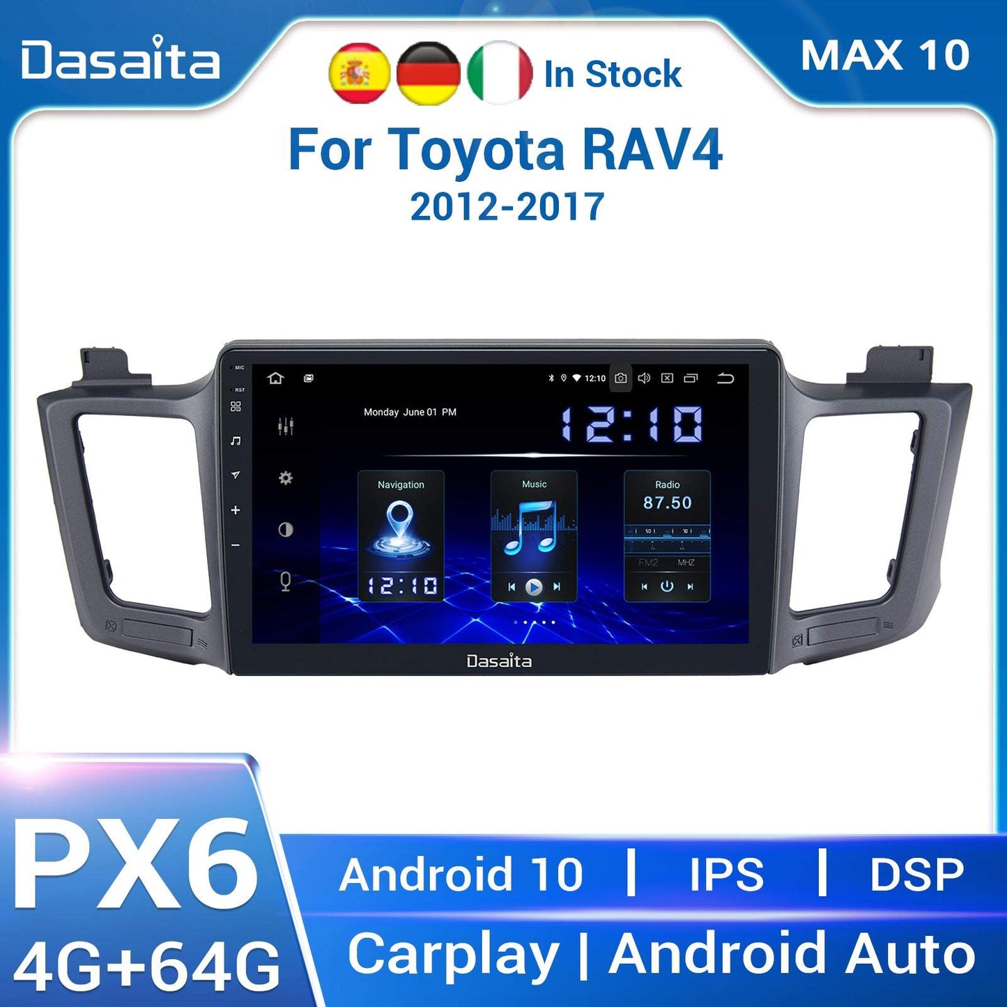 Dasaita MAX11 Toyota RAV4 2012 2013 2014 2015 2016 2017 Car Stereo 10.2 Inch Carplay Android Auto PX6 4G+64G Android11 1280*720 DSP AHD Radio