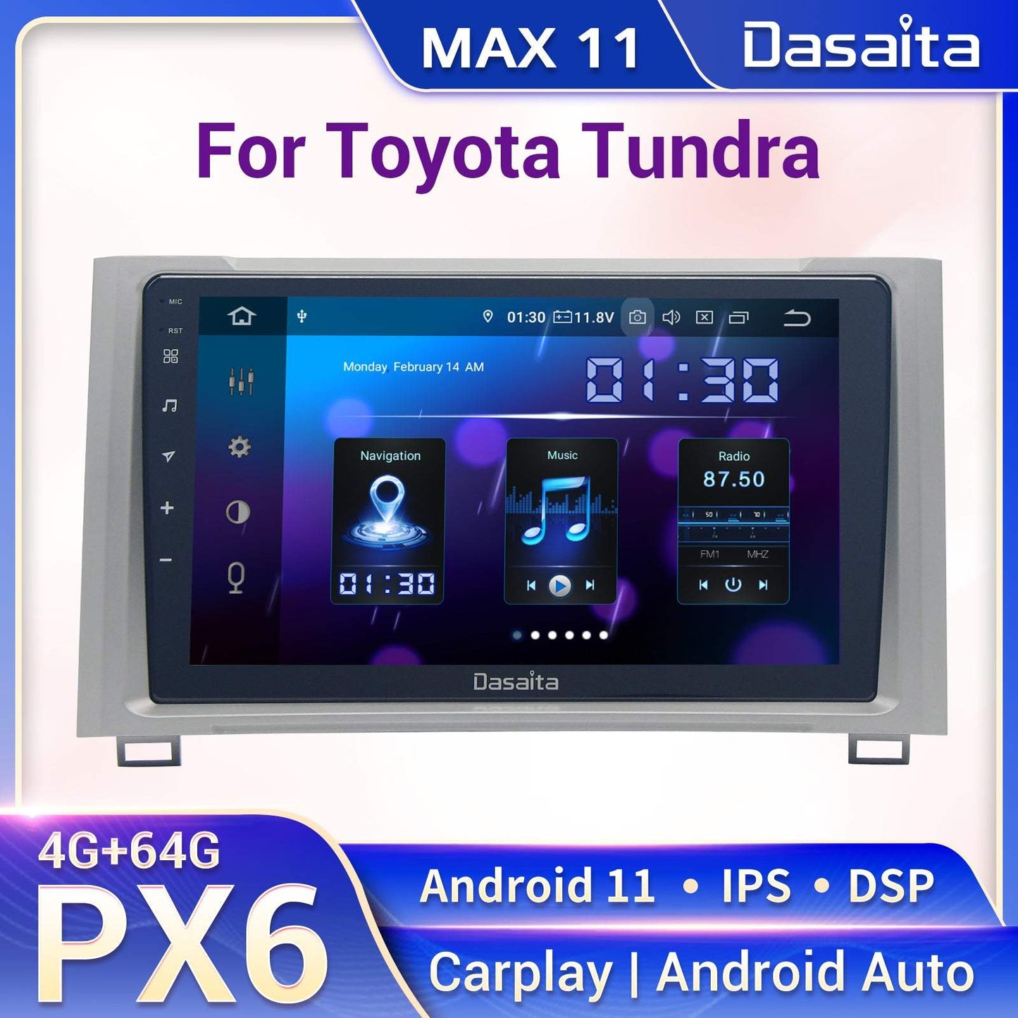 Dasaita MAX11 Toyota Tundra 2014 2015 2016 2017 2018 Car Stereo 9 Inch Carplay Android Auto PX6 4G+64G Android11 1280*720 DSP AHD Radio
