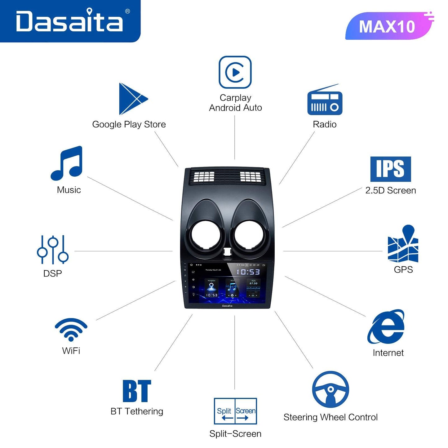 Dasaita (Outlets) MAX10 Nissan Qashqai 2008 2009 2010 2011 2012 2013 2014 Car Stereo 9" Carplay Android Auto PX6 4G+64G Android10 1280*720 DSP Radio