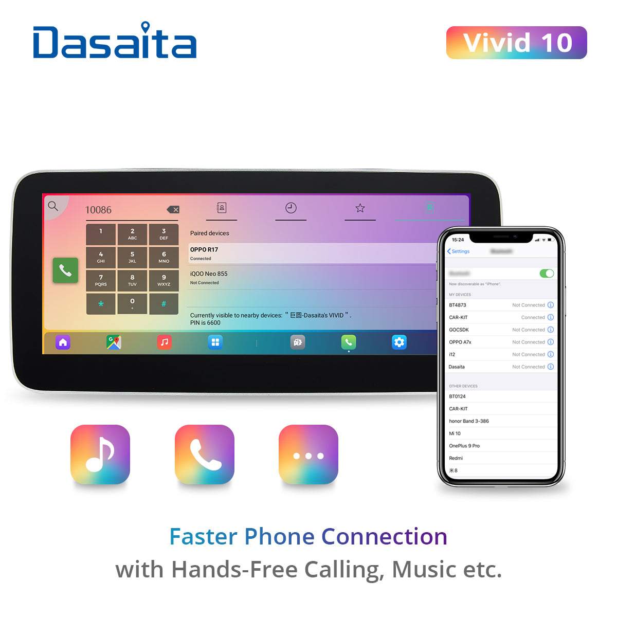 Dasaita Vivid10 Universal Single Din Car Stereo 10.25 Inch Carplay Android Auto PX6 4G+64G Android10 1280*480 DSP AHD Radio