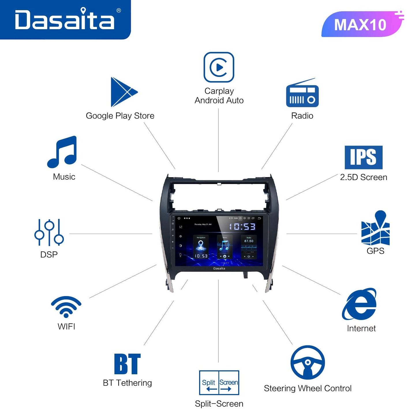Dasaita MAX10 Toyota Camry 2012 2013 2014 Car Stereo 10.2 Inch Carplay Android Auto PX6 4G+64G Android10 1280*720 DSP AHD Radio